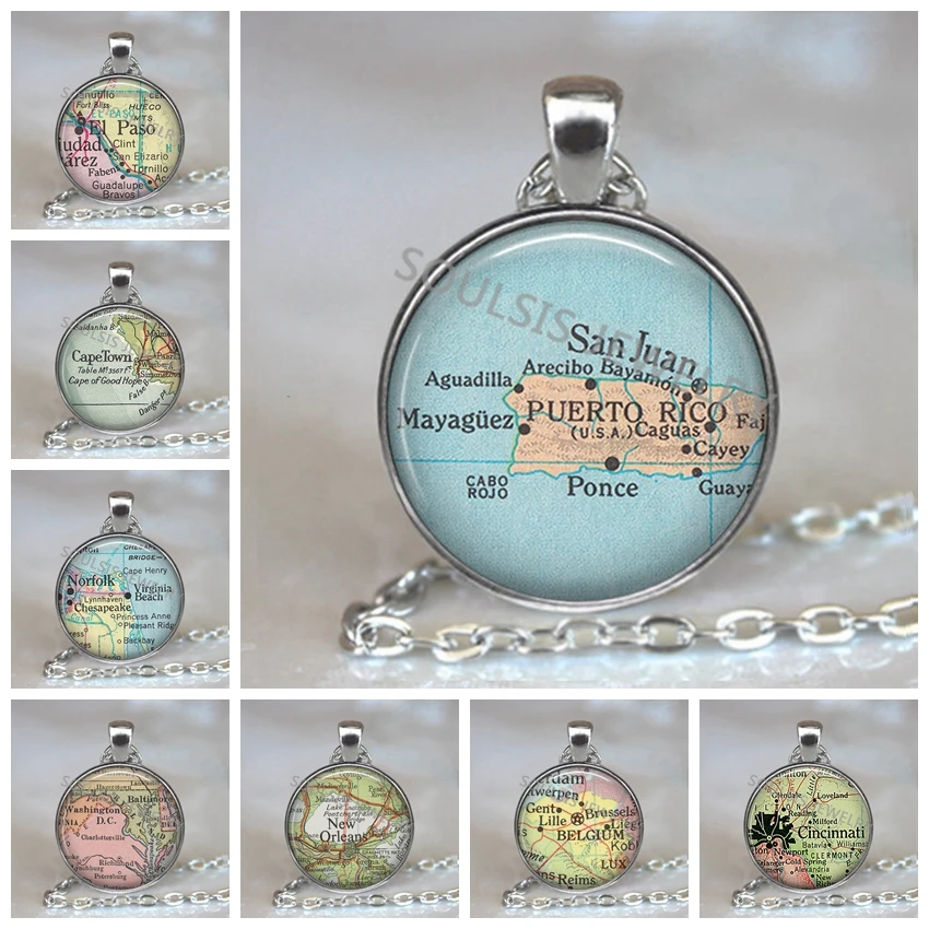 

New Arrived Glass Dome Necklace World Map Pendant Silver Chain Jewelry Puerto Rico Vintage Map Handmade Glass Cabochon Necklace