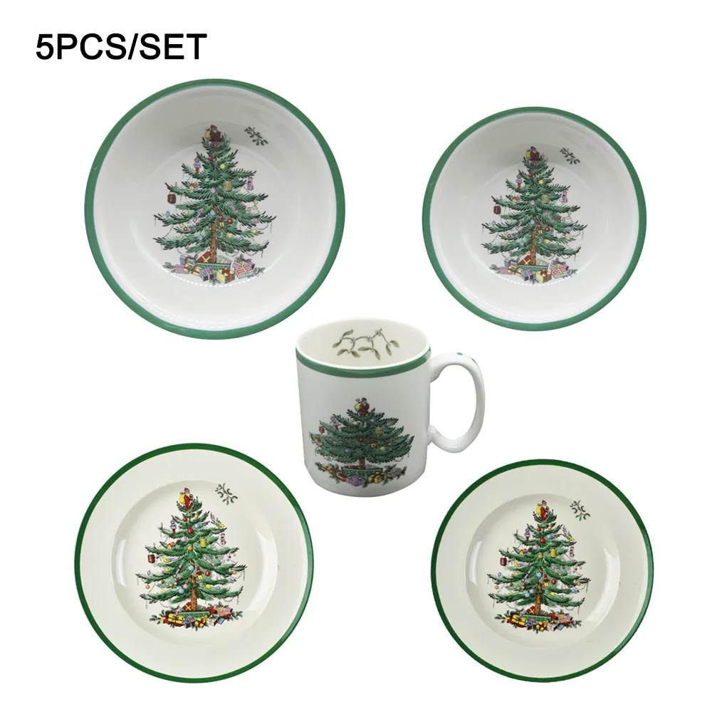 5 pcs/ Set Christmas Tree Ceramic Dinnerware Set Breakfast Plate Beef Dishes Dessert Dish Fruit Snack Plate Simple