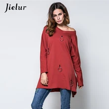 Jielur плюс размер Loose свободная футболка женская Персонализированная Пряжка длинный рукав женская футболка сплошной цвет v-образным вырезом женские футболки