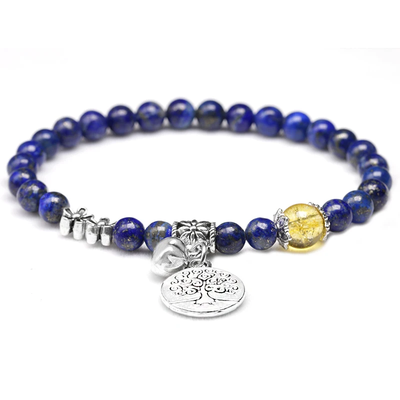 

Natural 6mm lapis lazuli with 8MM Citrine Beaded Bracelet Women Tree and Lotus Charm Bracelets Handmade yoga Jewelry
