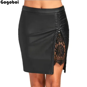 

Vintage Zipper Leather Lace Women Skirt 2018 Lolita Short Spring Summer Pencil Skirts High Waist OL Skirt Female