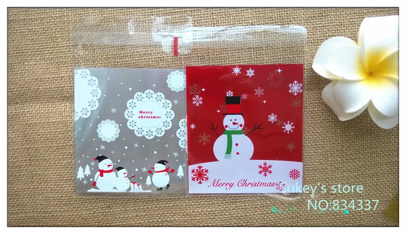 Распродажа, 100 шт./лот, смешанные стильные рождественские пластиковые пакеты, упаковка для печенья, 10x10 см, самоклеющиеся пакеты