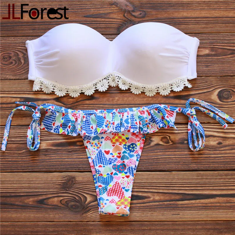 Jlforest Flowers Lace Bandeau Bikini Set Cute Colorful Print Ruffle Swimwear Women Sexy Push Up 