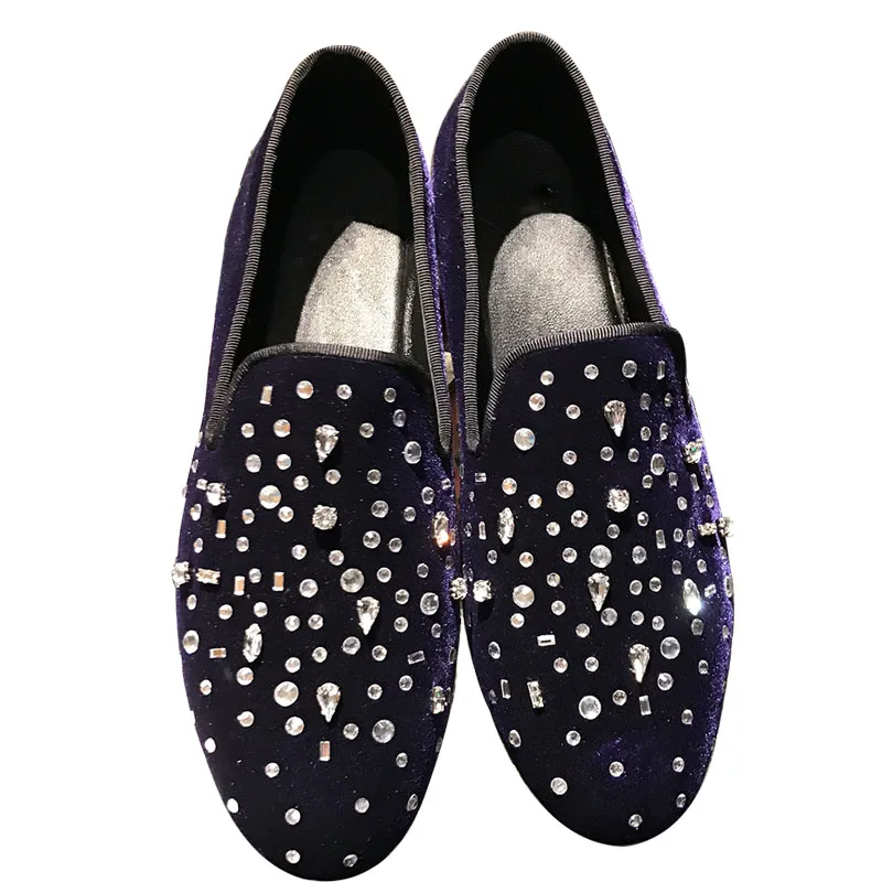 

Luxury Blue Black Crystal Handmade Men Loafers Fashion Men Spikes Casual Dress Shoes Slip On Men Flats Wedding Driving Shoes