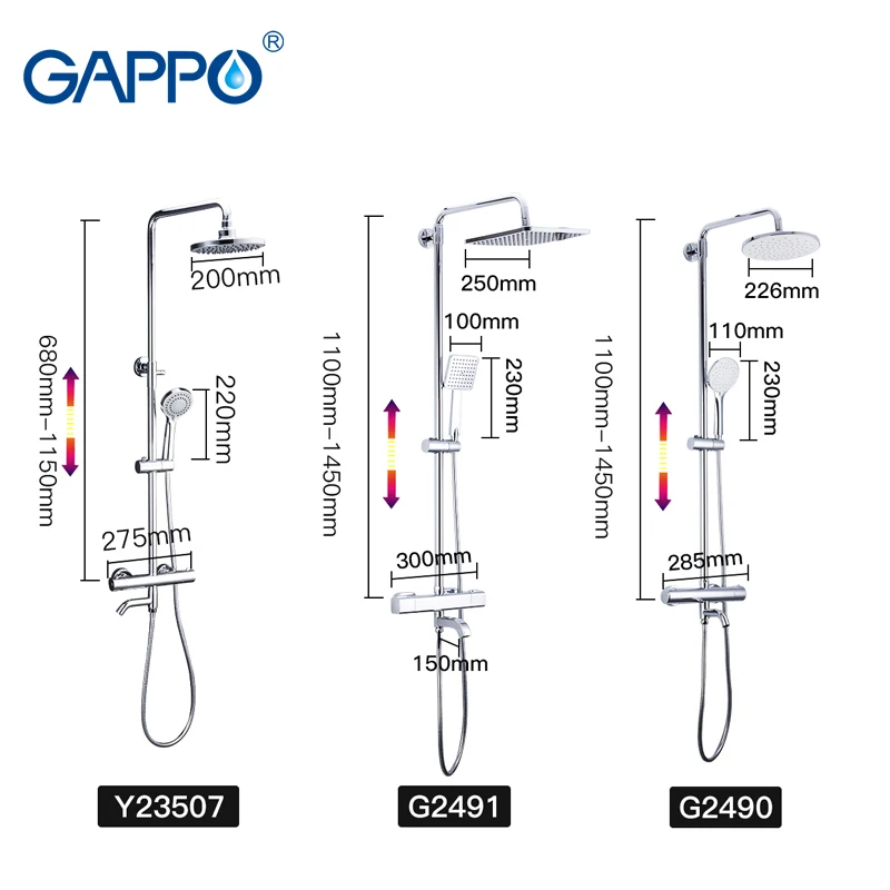 US $93.98 Gappo bath BRASS Thermostatic showersystem lift adjustable hot cold water big round head shower High pressure flushing