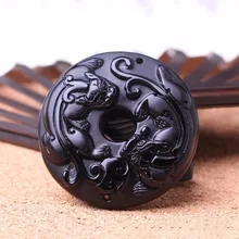 New Fashion Natural Black Obsidian Carved PiXiu Brave troops Lucky Pendant Free beads Necklace Fine stone Crystal Jewelry.