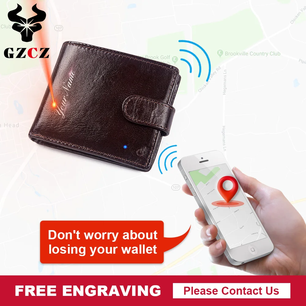 

GZCZ Smart Wallet rfid Genuine Leather with alarm GPS Map Bluetooth Alarm Men Wallet Anti Lost Intelligent High Quality Purse