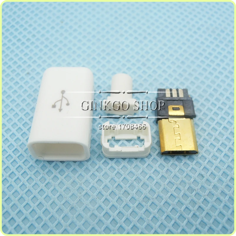 

1sets/lot Golding -plating 4 IN 1 Micro 5P USB male Plug Solder type Micro USB Tail Charging plug, White plastic cover colour