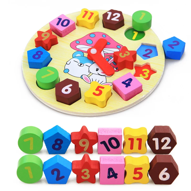 

2016 New Arrival Kids Toys Wooden Cartoon Rabbit Clock Montessori Educational Geometric Assembling Blocks Top Quality