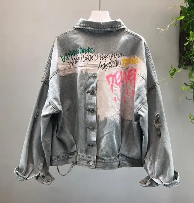 

2019 New Brand Denim Jacket Coat Women Fashion Graffiti Printing Short Jeans Jacket Female Ripped Holes Denim Coat Girls Outwea