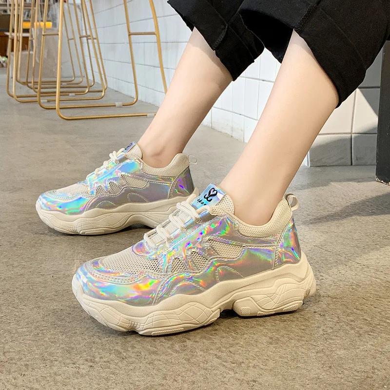 

Running Shoes New Chunky Sneakers Women Thick Sole Patent Leather Platform Shoes Harajuku Dad Shoes Fashion White Wedge Sneakers