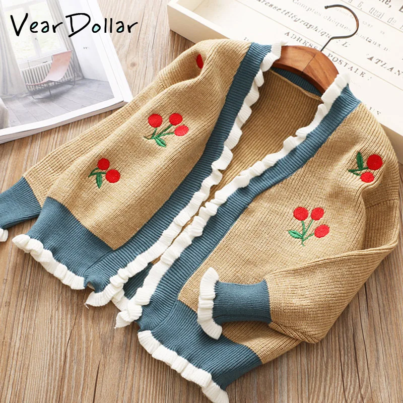

VearDoller Girls Sweater 2018 New Autumn Agaric Laces Cherry Knitting Shirt Outwear Long Sleeeve Children Cardigan Coat