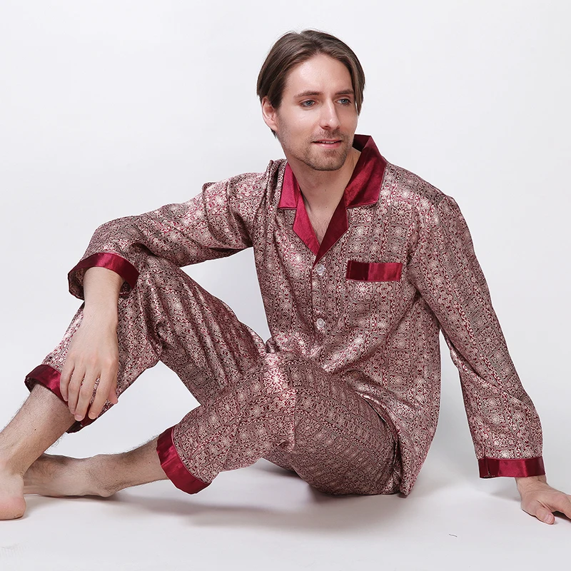 Spring Silk Long-Sleeve Men Pajamas Male Ture-down Collar Luxury Sleepwear Geometric Plaid Polca dot SHE | Мужская одежда