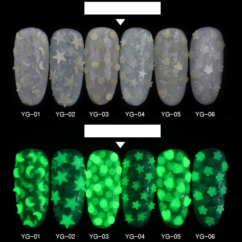 Новинка, 1 коробка, флуоресцентный светящийся дизайн ногтей, блестки, луна, сердце, звезда, цветок, ультра-тонкий блеск, хлопья, пудра, свечение, украшение