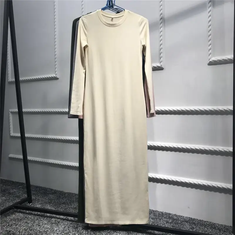 Dubai Abaya Muslim Women Long Sleeve Slim Dress Sheath Islam Kaftan Jilbab Robes Gown Bodycon Soft Casual Dresses Ankle-Length - Цвет: Beige