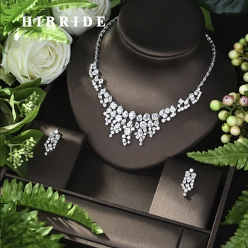 

HIBRIDE Luxury Full Cubic Zircon Dubai Jewelry Set For Women Bridal Wedding Accessories White Gold Color brincos N-704