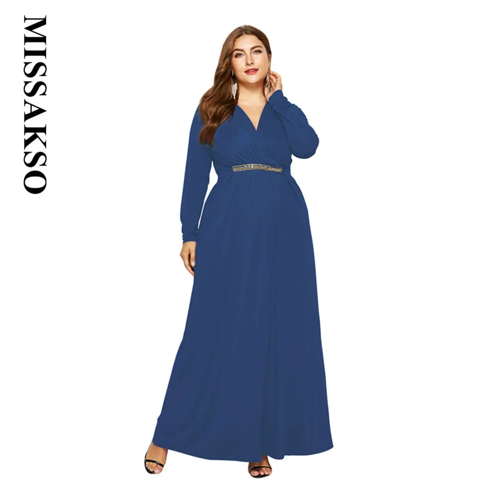 Missakso الربيع الخريف عميقة V الرقبة خط ماكسي الإناث عارضة أنيقة حزب حفلة موسيقية عالية الخصر حجم كبير جديد الأبيض الأزرق مثير اللباس