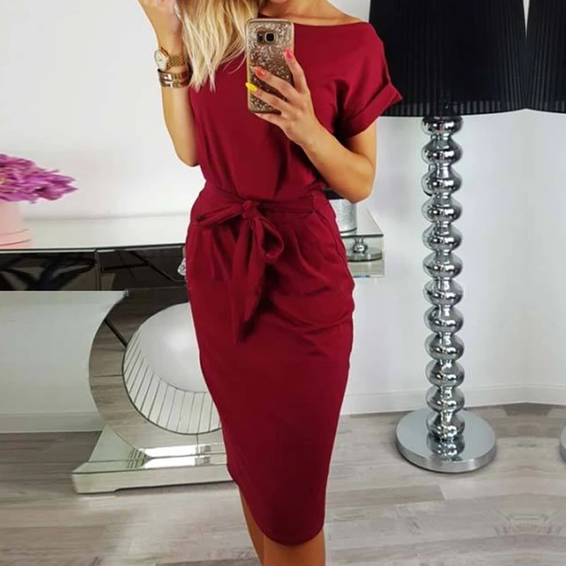 Women Summer Dress Ladies Round Neck Short Sleeve Knee Length Elegant