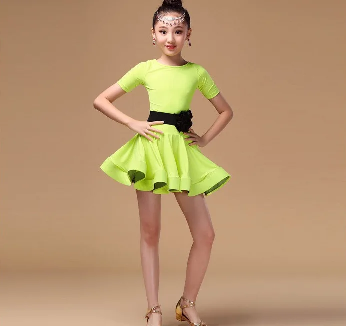 Fluorescent Green Высококачественные костюмы для латинских танцев для девочек, детский однотонный костюм для танцев с поясом, детские конкурсные танцевальные платья, одежда, платья - Цвет: Fluorescent Green