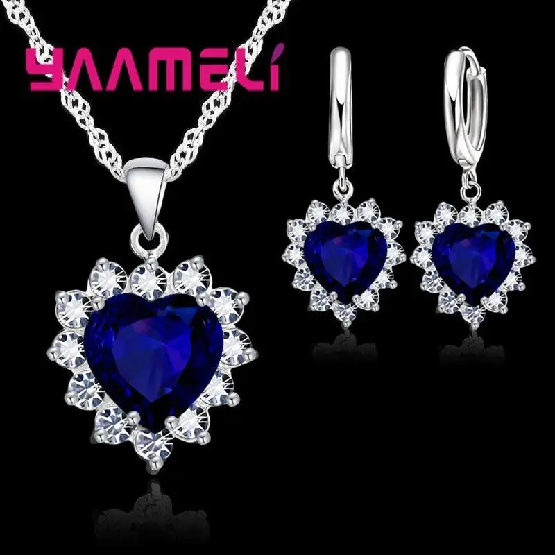 Trendy 925 Sterling Silver Jewelry Set for Women Heart CZ Stone Charm Pendants Necklaces Earrings LOVE Anniversary Gift