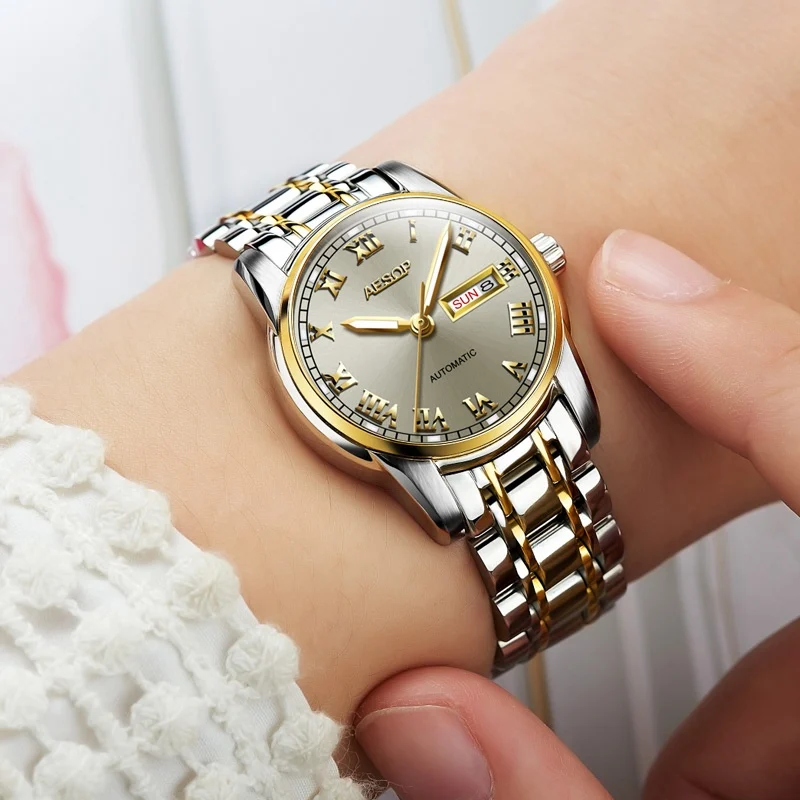 AESOP Gold luxury Watch Women Japan Movement Mechanical Automatic watch Ladies Stainless steel Golden Female Clock Women - Цвет: Gold gray lady