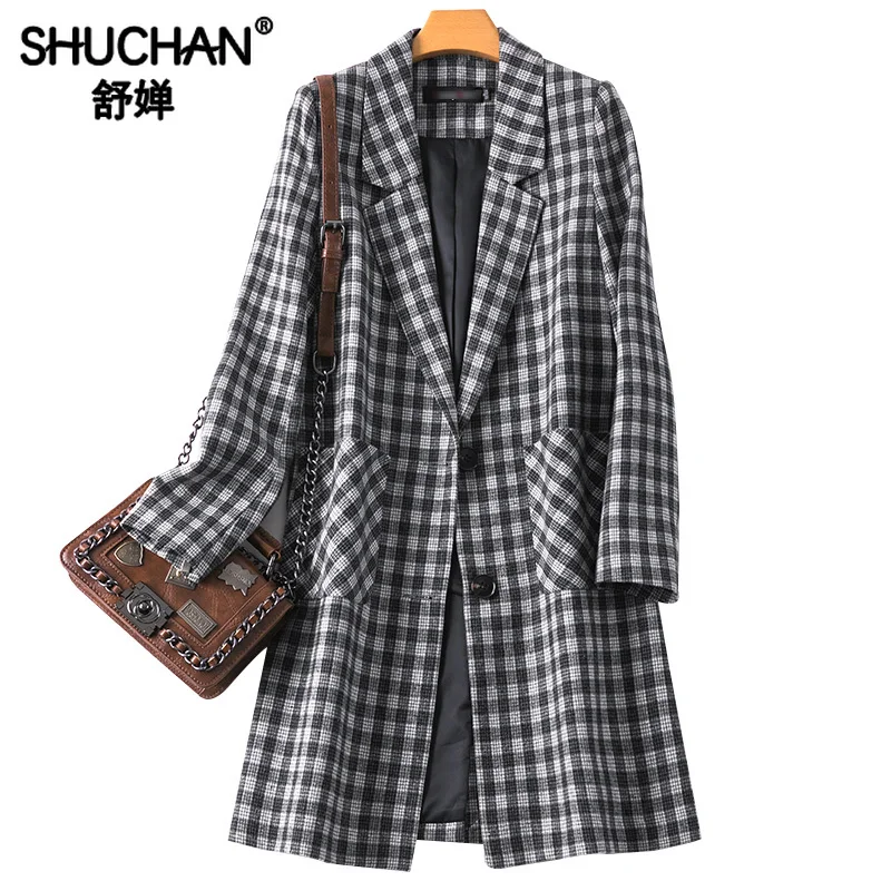 

Shuchan Long Jackets Women Plaid Women Blazers 2019 Woman Clothes Single Breasted Pockets Autumn Winter 2019 New Items