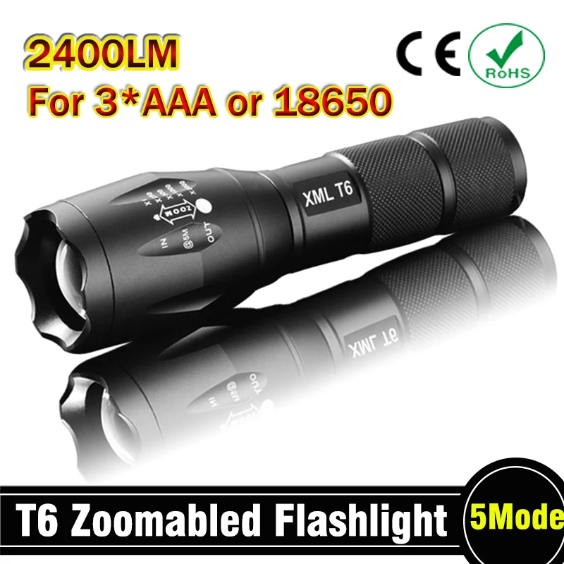

E17 XM-L T6 2400Lumens led Torch Zoomable LED Flashlight Torch light For 3xAAA or 1x18650 Free shipping