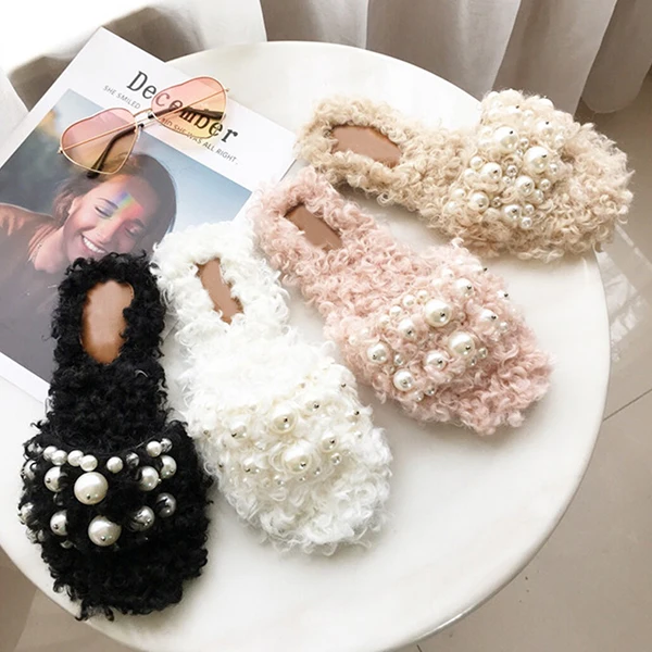 

Boussac Faux Fur Luxury Pearl Flats Shoes for Women Peep Toe Women Flats Slip on Pink Slipper Flats SWE0238