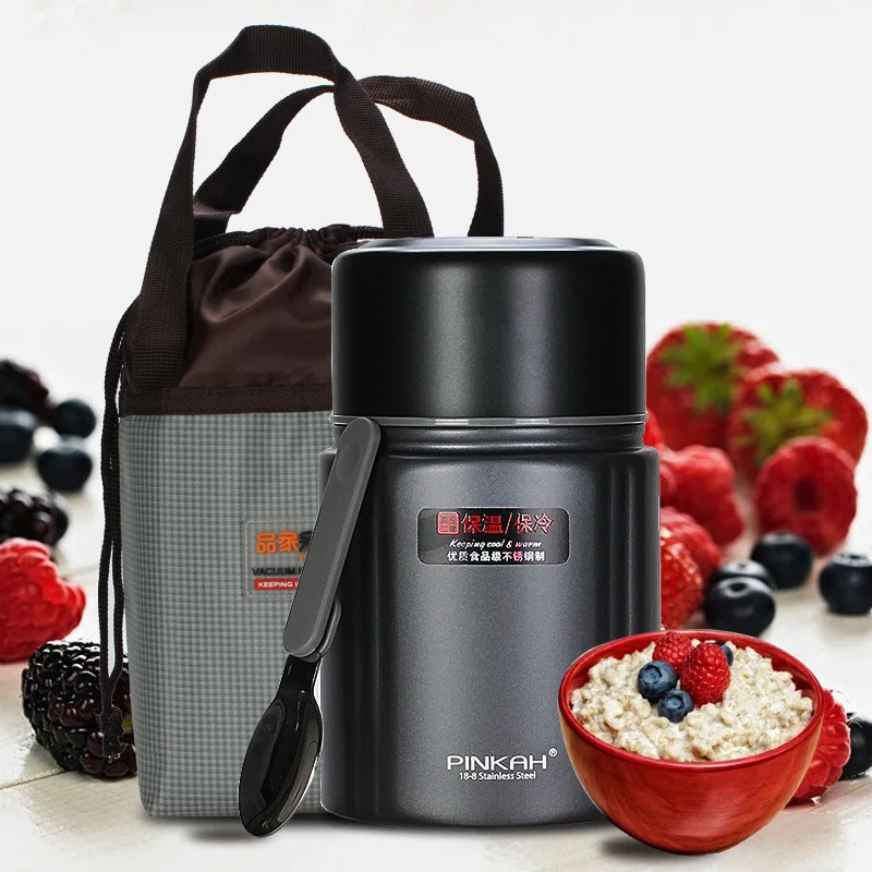 US $31.60 Pinkah 750m Lunch Box With Bag Portable 2Laye 304 Stainless Steel Vacuum Thermos Food Jar Keep Hot Up To 24h Thermos With Spoon