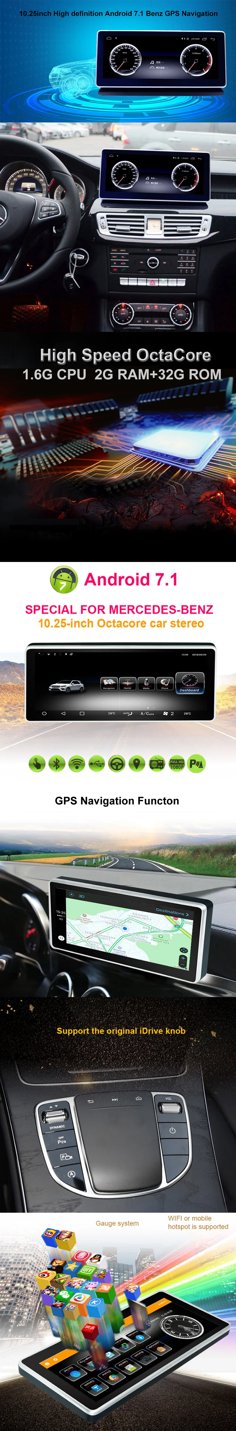 Автомобильный монитор Авто Радио мультимедийный плеер Android 7,1 10,2" 2G+ 32G навигатор для Benz CLS 2012 до автомобильный gps-навигатор