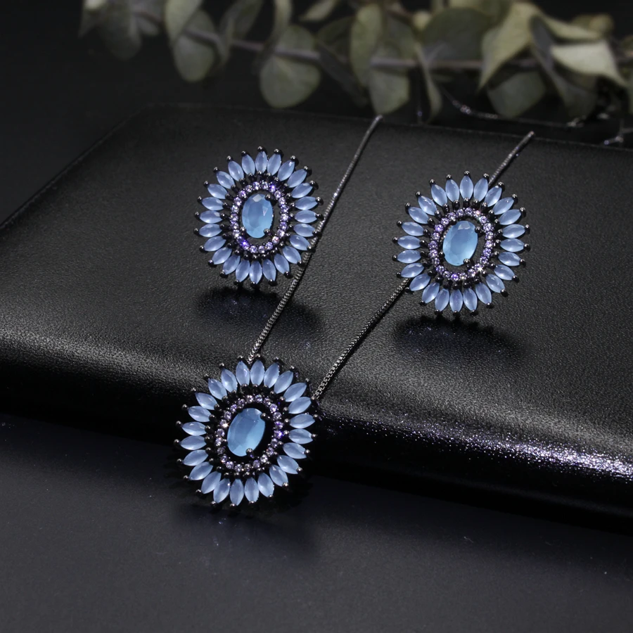 Round Flowers pendant necklace and  stud earring jewelry set8