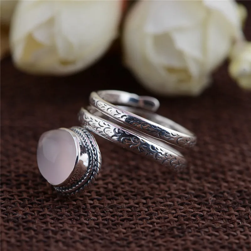 BESTLYBUY, 925 пробы, серебряные кольца для женщин, инкрустированные розовыми кварцами, натуральный камень, разомкнутое, многослойное, винтажное, змеиное кольцо
