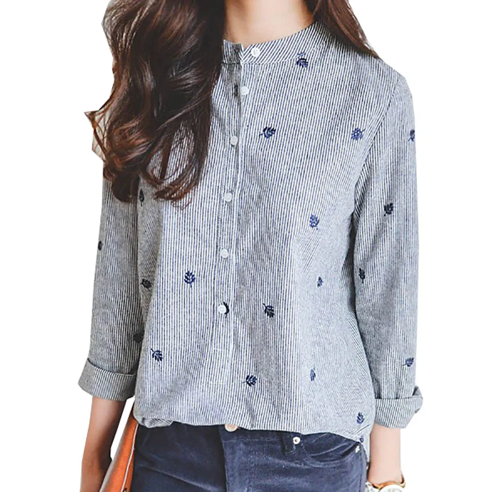 Autumn Leaves Embroidery Long Sleeve Women Blouses And Shirts Female Ladies Casual Shirt Tops Striped Casual Blusas Blouse