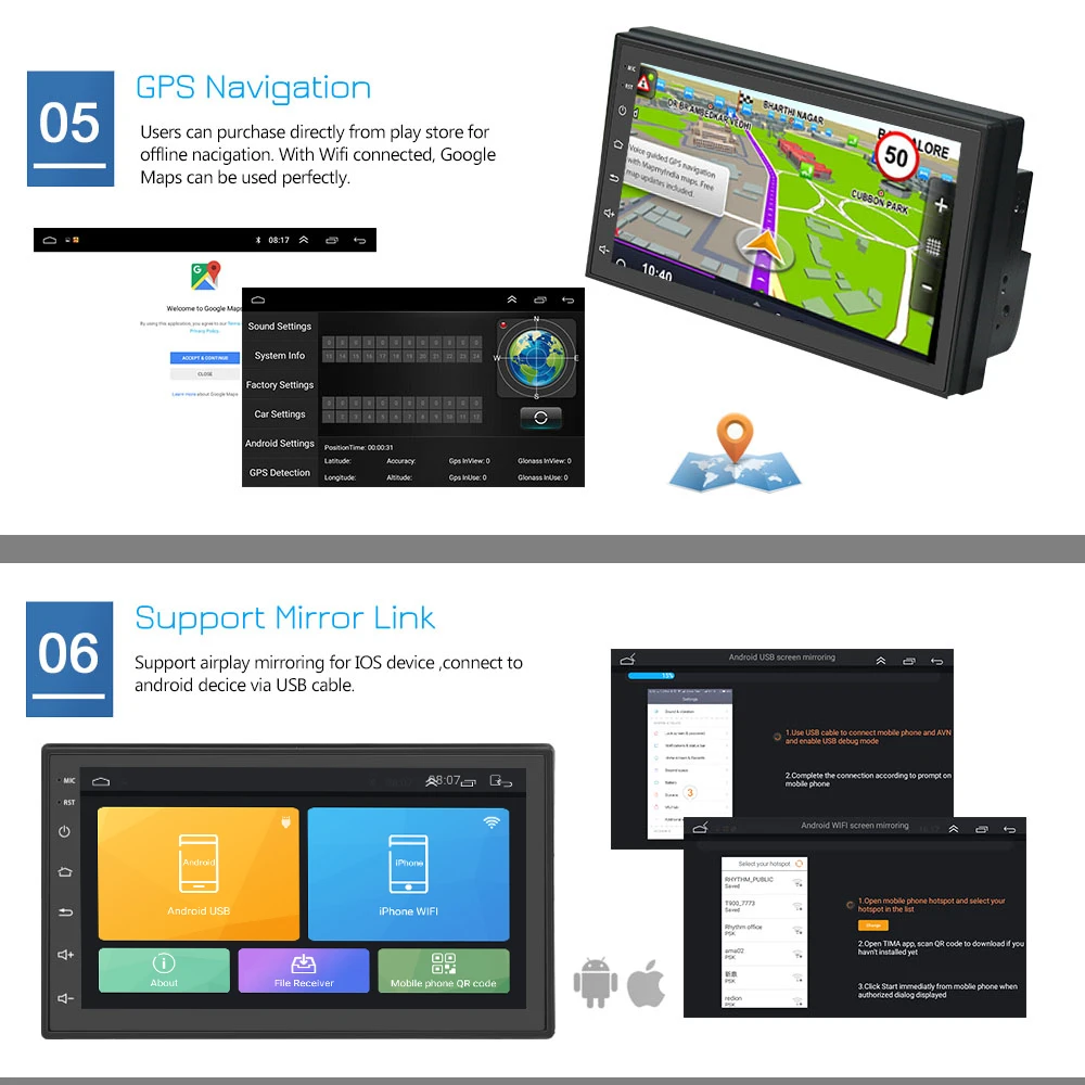 Podofo 2.5D Android GPS Auto Radio Multimedia Player 7 ''Touchscreen Autoradio Bluetooth FM WIFI AU