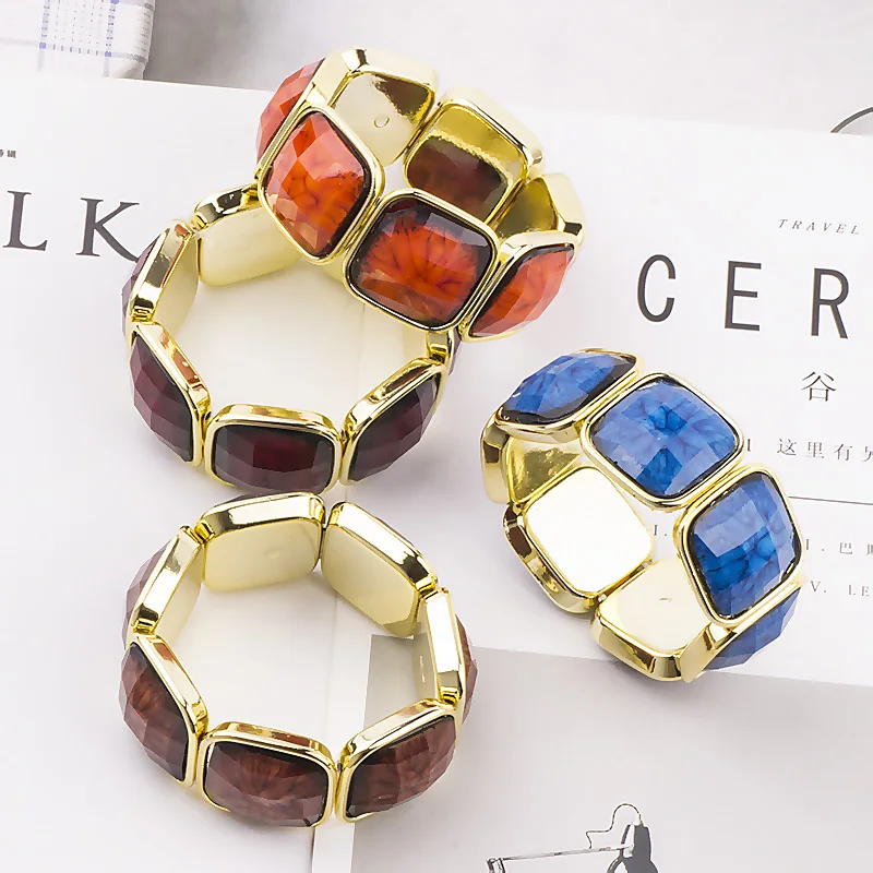 Classic Resin Cuff Fashion Bracelets Bangles for Women Stretch Colourful Acrylic Gold Metal Bracelets Female Charm Gifts Jewelry (1)