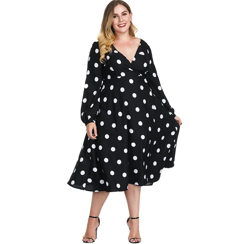 

WHZHM Dot Sashes A-Line Dresses Party High Waist Plus Size 3XL Dress Women Deep V-Neck Casual Long Sleeve Casual 4XL Dress