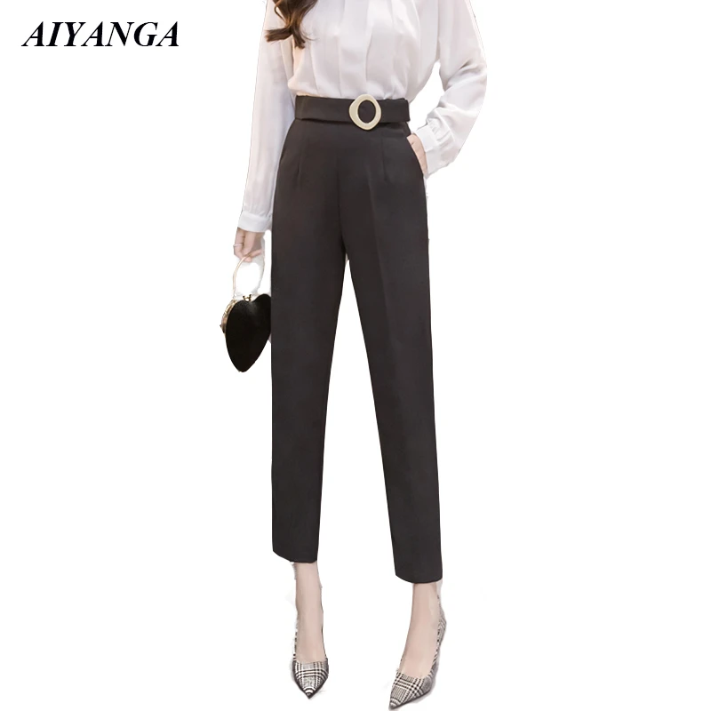 Pantalones elegantes de cintura alta para pantalón hasta el tobillo, color negro albaricoque, para oficina, primavera y verano, 2019|Pantalones y capri| - AliExpress