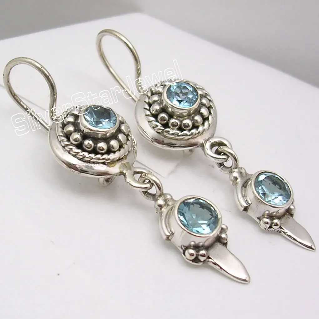 

Silver BLUE Topas Gorgeous Nice Dangle Earrings 4CM