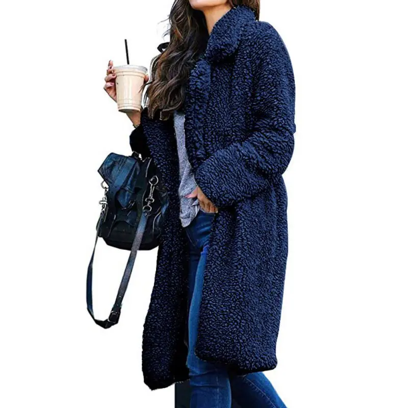Теплая Длинная женская верхняя одежда из искусственной овечьей шерсти с длинным рукавом и отложным воротником, свободное плотное женское шерстяные пальто, зимняя женская одежда