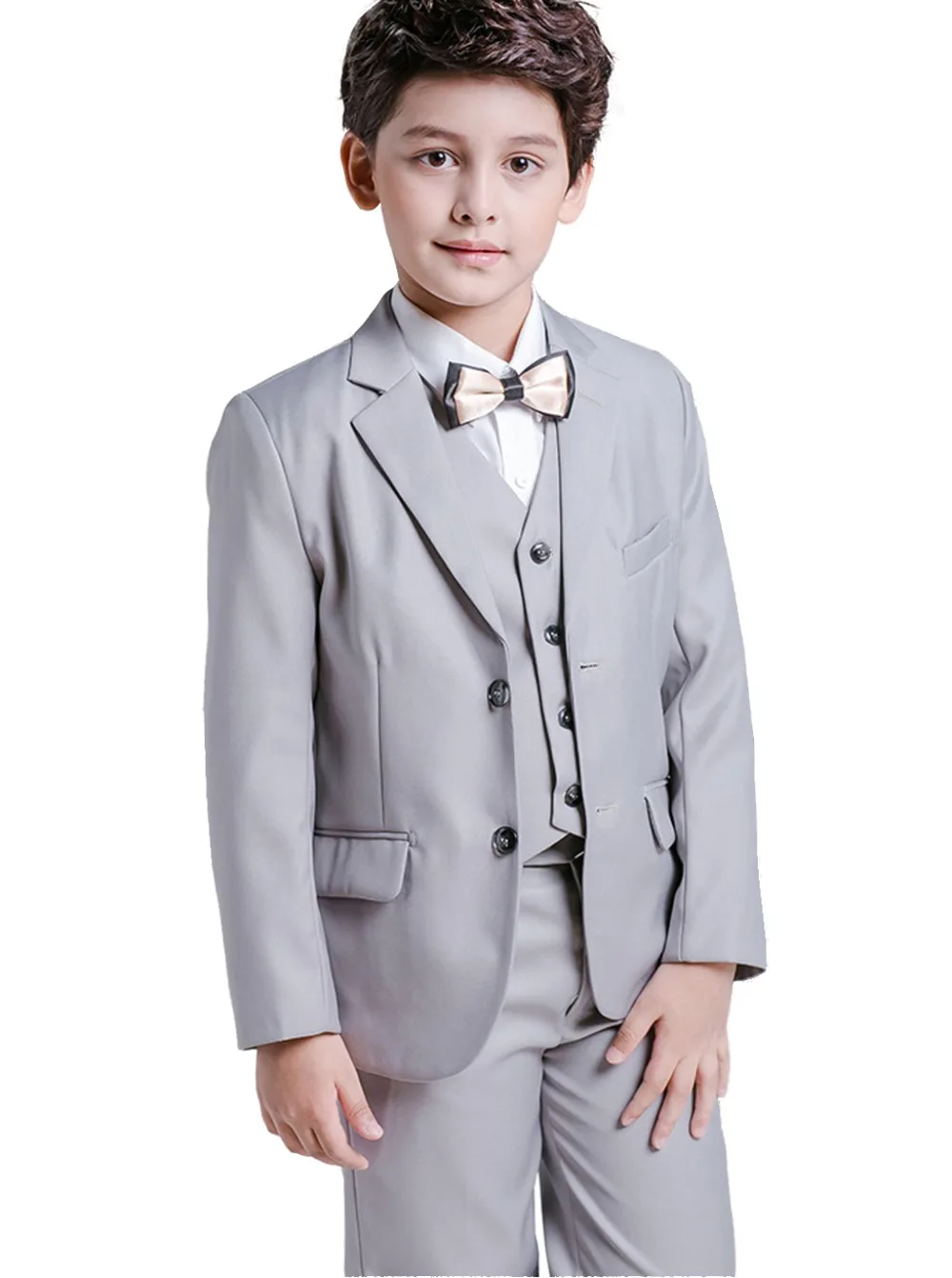 5 Piece Boys Grey Suits Slim Fit Ring Bearer Suit For Boys Formal
