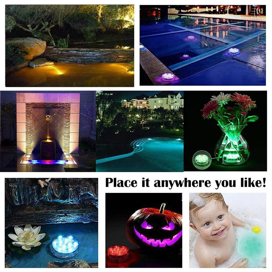 Светодиодный погружной светильник на батарейках, 10 светодиодов, RGB, подводный ночник, светильник для сада, бассейна, для свадебной вечеринки, ваза, чаша