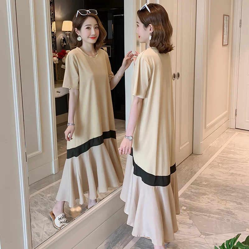 

Short sleeve o-neck ruffles patchwork maternity summer cotton dress plus size pregnant women mermaid dress trumpet dress sweet