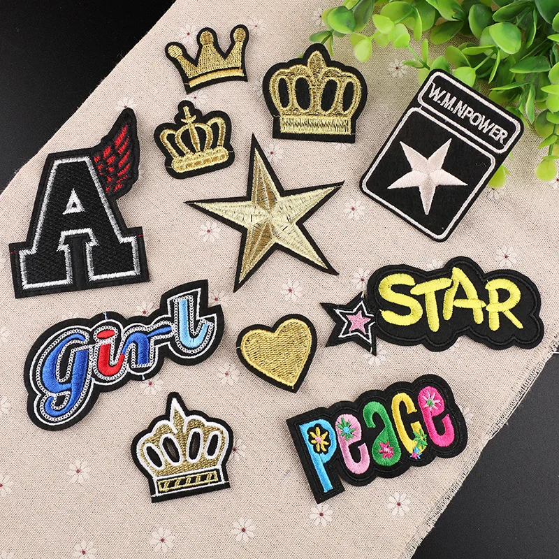

2018 Fashion Iron Patches for Clothing Gold Heart Crown Star Patch Embroidered Applique Fabric Sticker Badge DIY Apparel Acc.