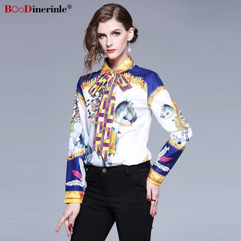 

2019 Early Spring Women's Horse Printed Blouse Female Fashion Print Joker Shirts Women Elegant Bow Knot Long Sleeve Shirt ZB060