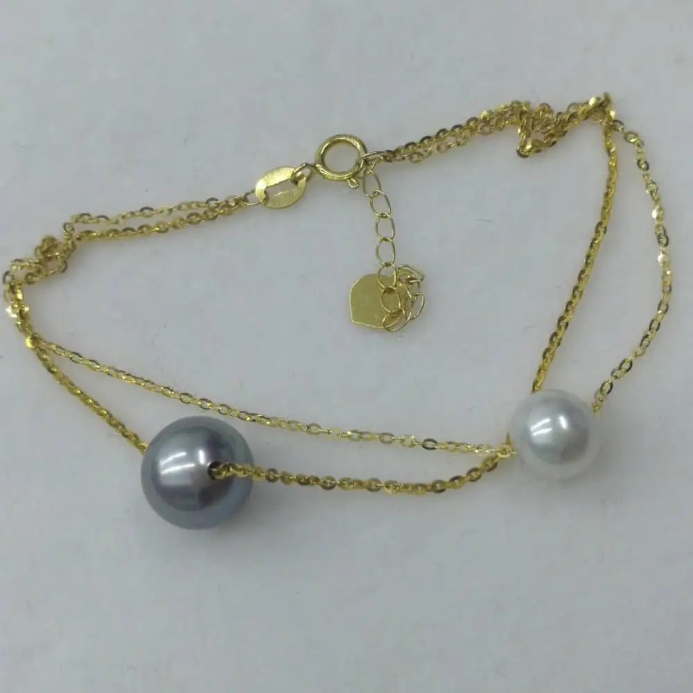 

G18K solid gold AAA 2lines 6mm white 8mm purple real pearl bracelet