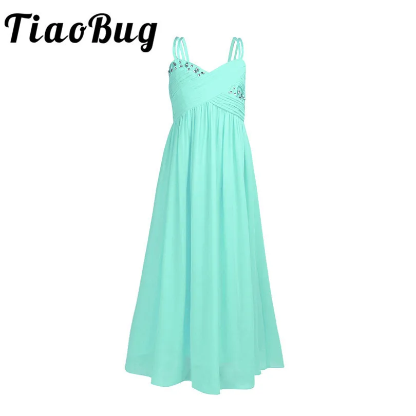 

TiaoBug Sleeveless Flowers Girls Dresses Bow Rhinestones Pleated Chiffon Children First Communion Wedding Ball Gown Girls Dress