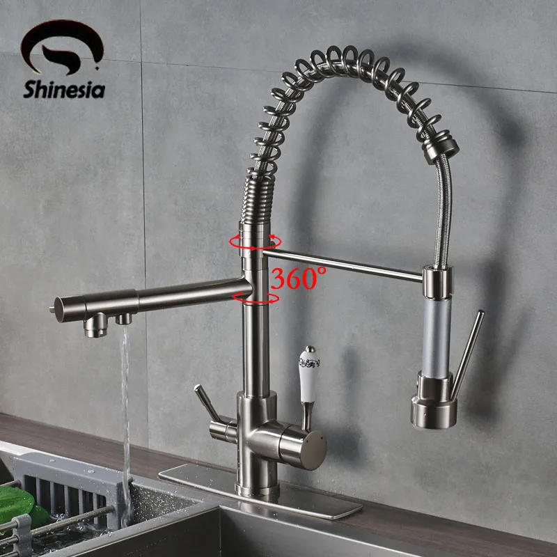 

Brushed Waterfilter taps kitchen faucets Three Spout Deck Mounted Mixer Tap 360 Degree rotation Water Purification Feature Crane