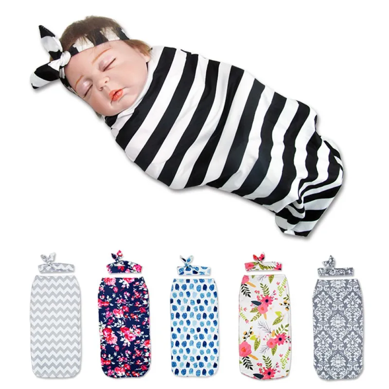 

Baby Sleeping Bag Floral Stripe Printed Hairdband Set Newborn Anti-kick Sleeping Bag Knotted Headband for Newborns