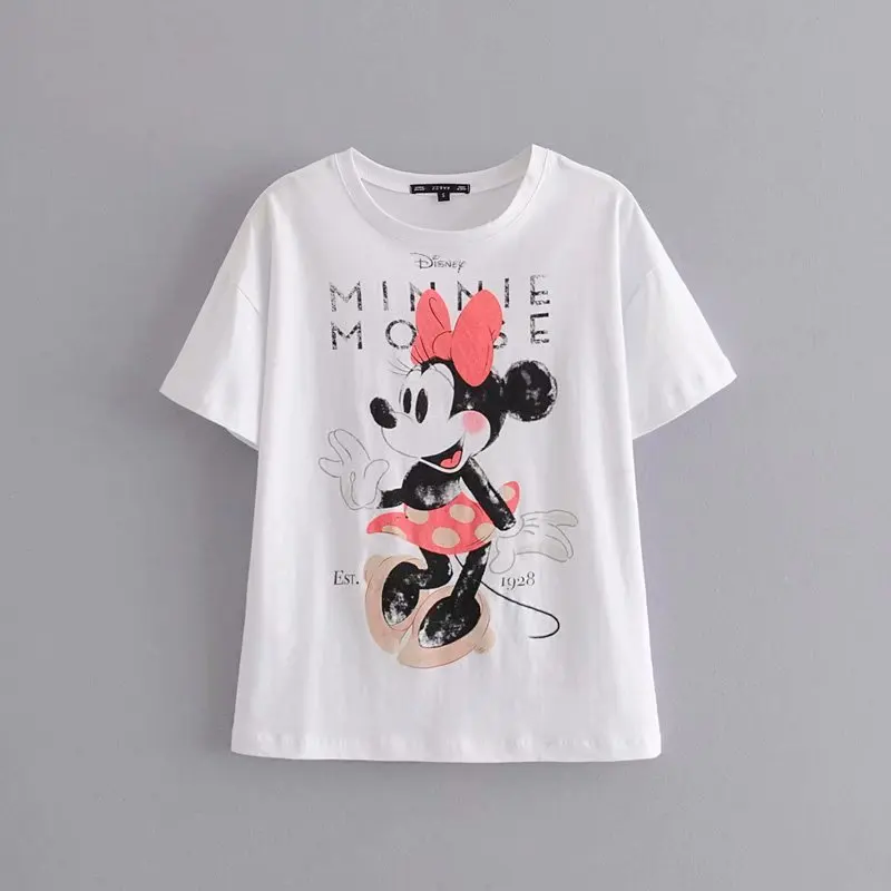 

2019 Women T Shirt Fashion Cartoon Minnie print Tee Summer O neck Short sleeve Letters Shirt Casual White Female Tops A002