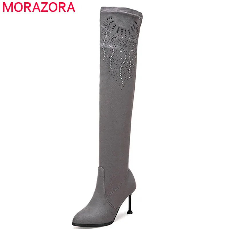 

MORAZORA 2018 large size 33-47 pointed toe short plush autumn winter boots flock high heels thigh high boots fashion shoes woman